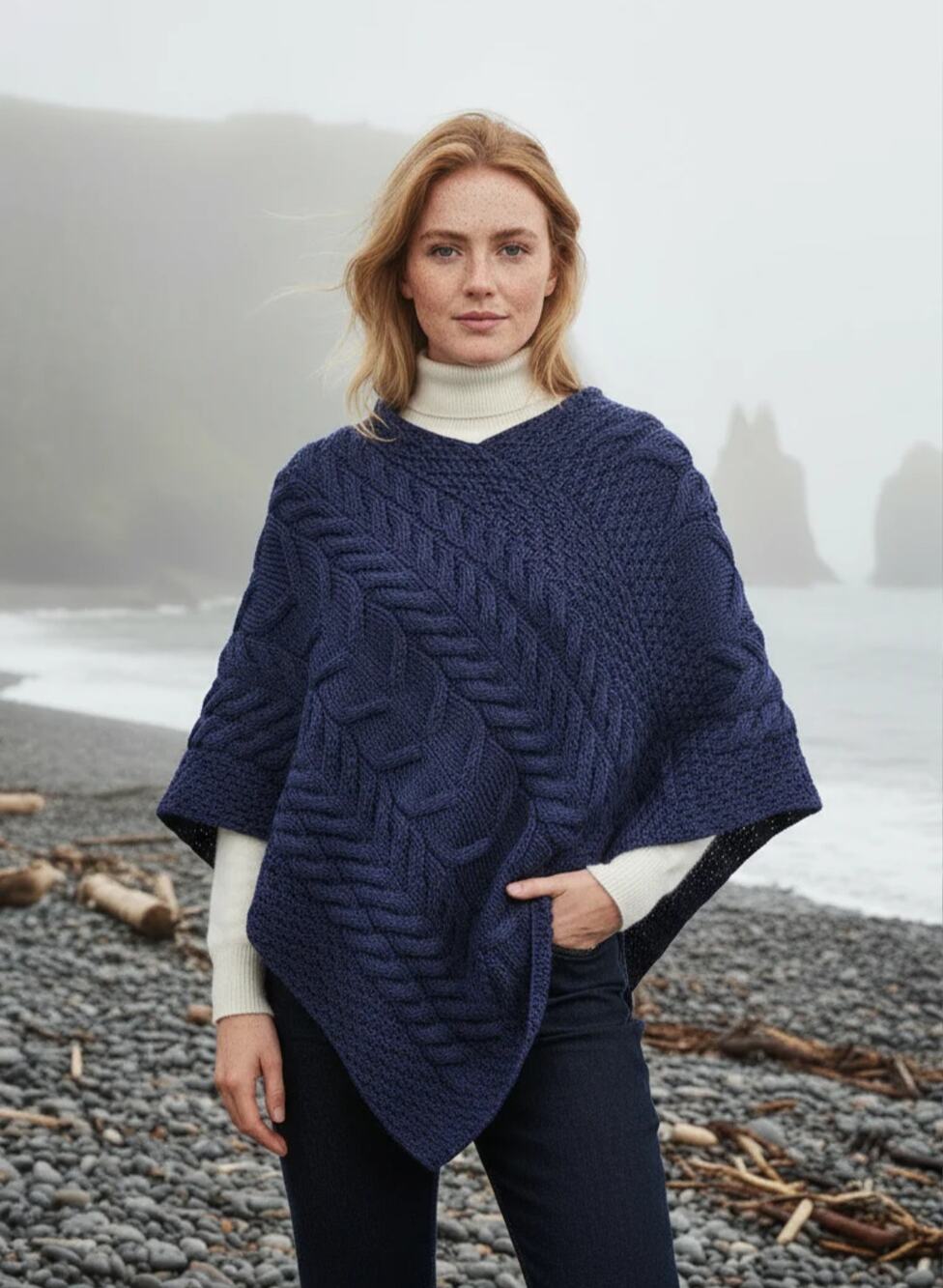 NWT Kilronan 100% Wool Cable Knit Stitch Poncho Blue XL Irish Sweater Cape